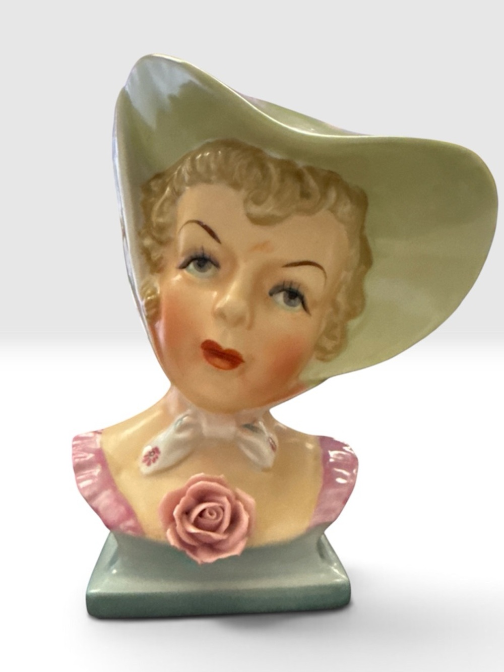 Vintage Ucagco Hand-Painted Lady Head Vase / Planter – Bonnet & Pink Rose